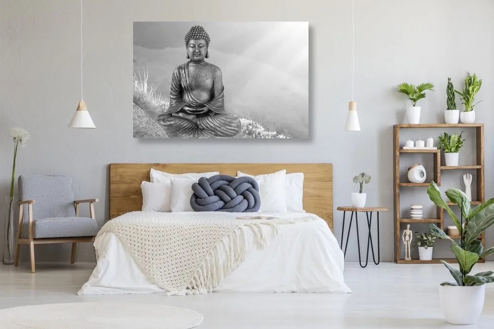 Stampa su tela – Statua del Buddha in posizione meditativa in bianco e nero