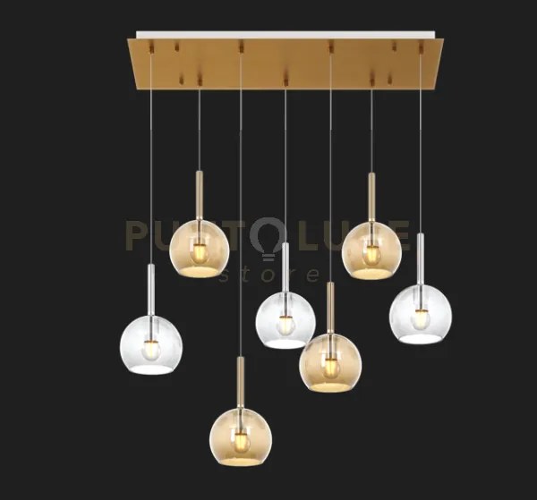 Sosp. ottone sat. rettangolare 7 luci vetri tutti piccolo (3x tr+ 4...