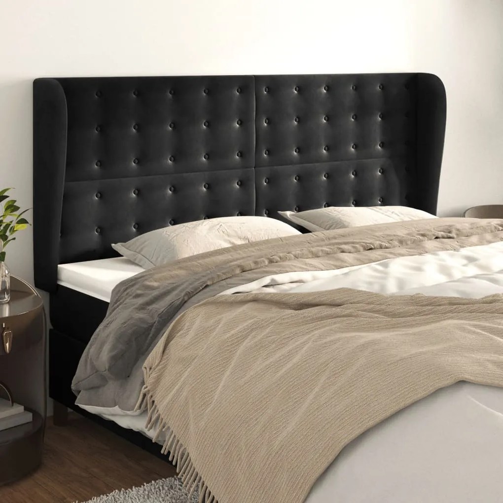 Testiera Ad Orecchio Nera 203x23x118/128 Cm İn Velluto /
