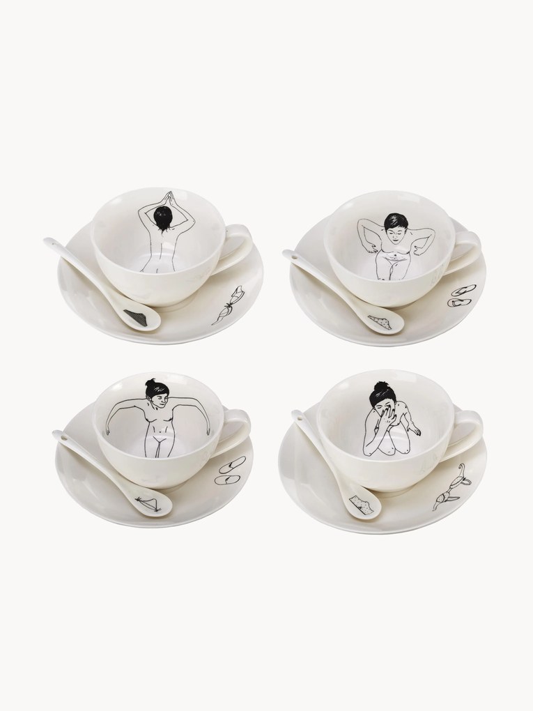 Set di 4 tazze da caffè dipinte a mano con piattini e cucchiaini Undressed