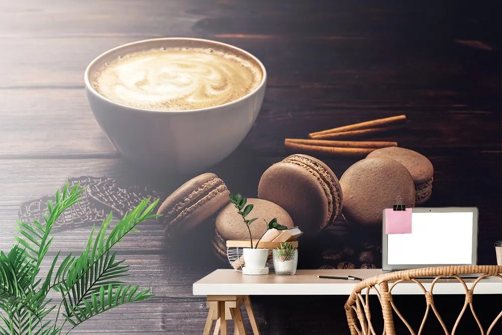 Carta da parati autoadesiva – Caffè con macarons al cioccolato