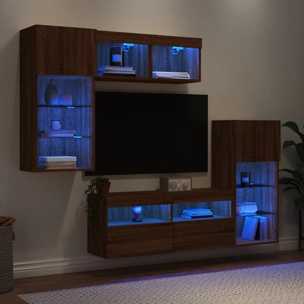 Mobili TV a Muro con LED 5pz Rovere Marrone Legno Multistrato