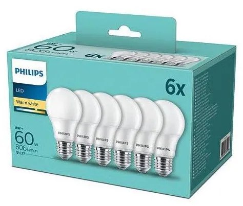 PACK 6x Lampadine LED Philips A60 E27/8W/230V 2,700K