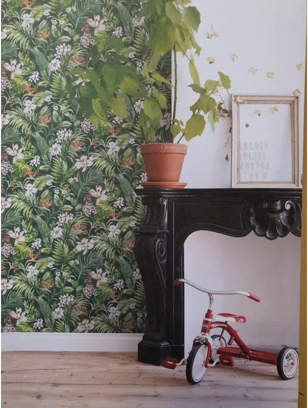 Carta da parati Fiori e foglie tropicali verde, 46.5 cm x 8.37 m