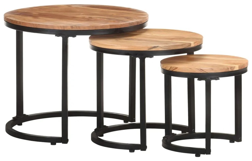 Tavolini Laterali 3 Pz İn Legno Massello Di Acacia /
