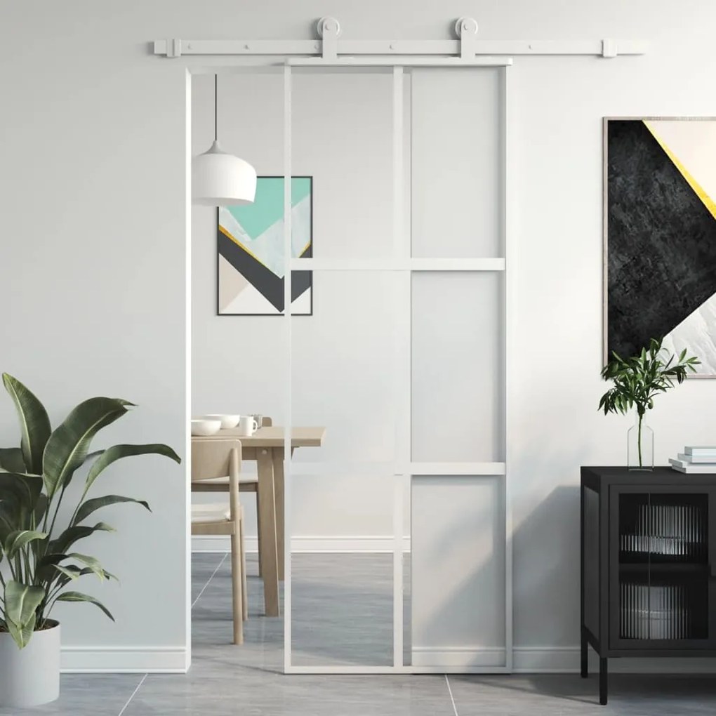 Porta Scorrevole Bianca 76x205 Cm Vetro Temperato E Alluminio /