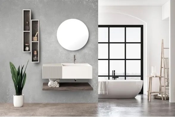 Lavabo 60 cm con cassetto laterale 40 cm grigio specchio e mensola inferiore Rovere Scuro - Itaca