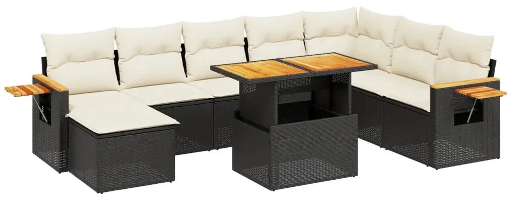 Set divani da giardino 9 pz con cuscini nero in polyrattan