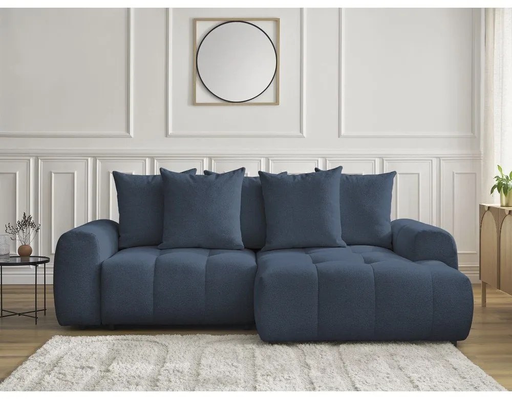 Divano angolare blu allungabile/con contenitore (con penisola a destra/con chaise lounge) con rivestimento in ciniglia Roxelane – Bobochic Paris
