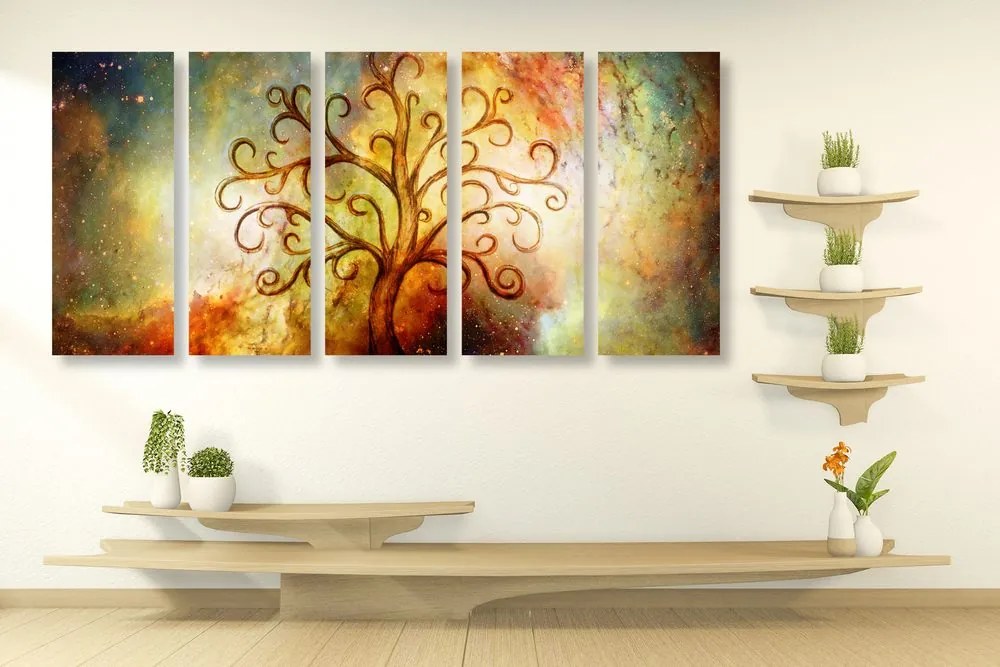 Quadri 5 pezzi – Albero della vita con astrazione dell'universo