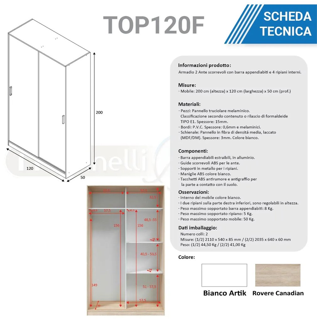 Armadio guardaroba appendiabiti 5 ripiani bianco rovere chiaro TOP120F