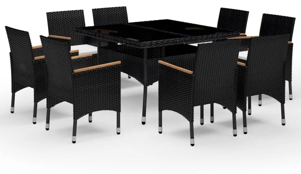 Set pranzo da giardino 9pz in polyrattan e vetro temperato nero