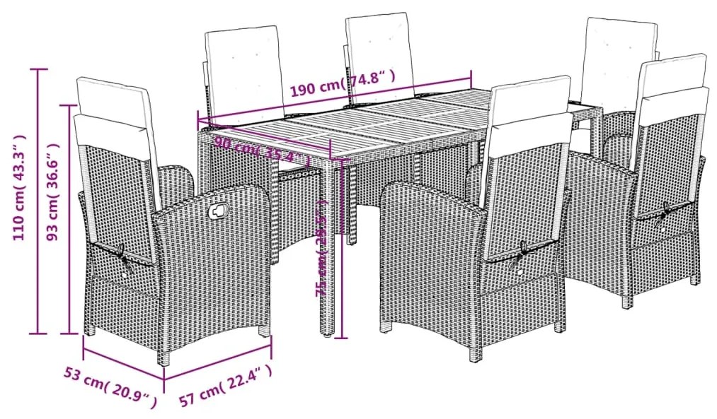 Set da Pranzo da Giardino 7 pz con Cuscini in Polyrattan Grigio