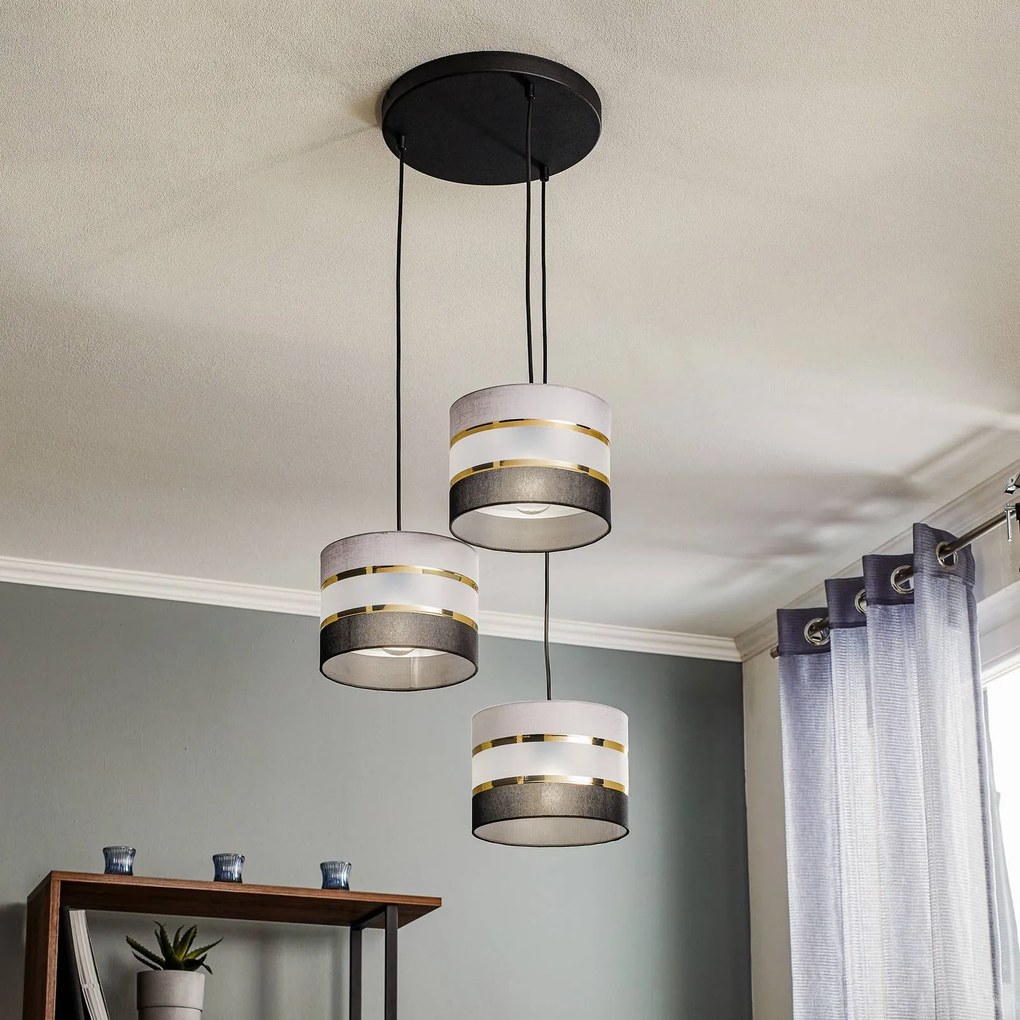 HELAM Lampada a sospensione Helen rotonda grigio-nero-oro a 3 luci.