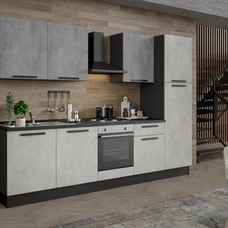 Cucina montata Dora bianco e grigio chiaro, lavello a sinistra, L 300 cm, completa di: cappa a camino, piano cottura a gas, forno e frigorifero