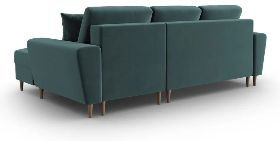 Divano angolare color petrolio allungabile e con contenitore (con penisola a destra/con chaise lounge) con rivestimento in velluto Kyoto – Cosmopolitan Design