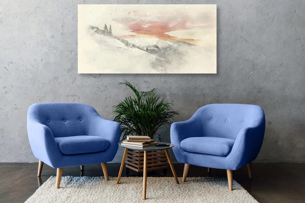 Quadro su tela – Sole calante sulle montagne innevate