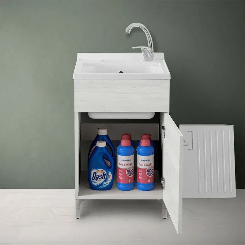 Mobile lavatoio 50x50 cm 1 anta bianco venato con vasca in resina