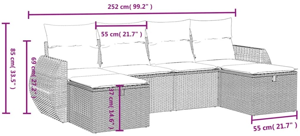 Set divano da giardino 6 pz con cuscini beige misto polyrattan