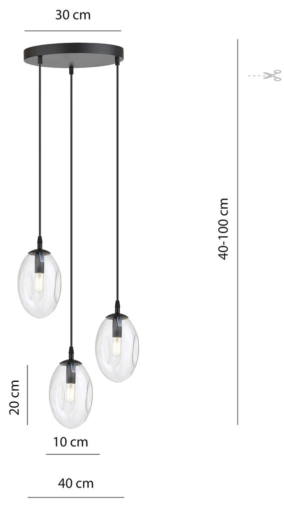 Sospensione Minimal 3 Luci Atalanta Acciaio Nero E Vetro Trasparente