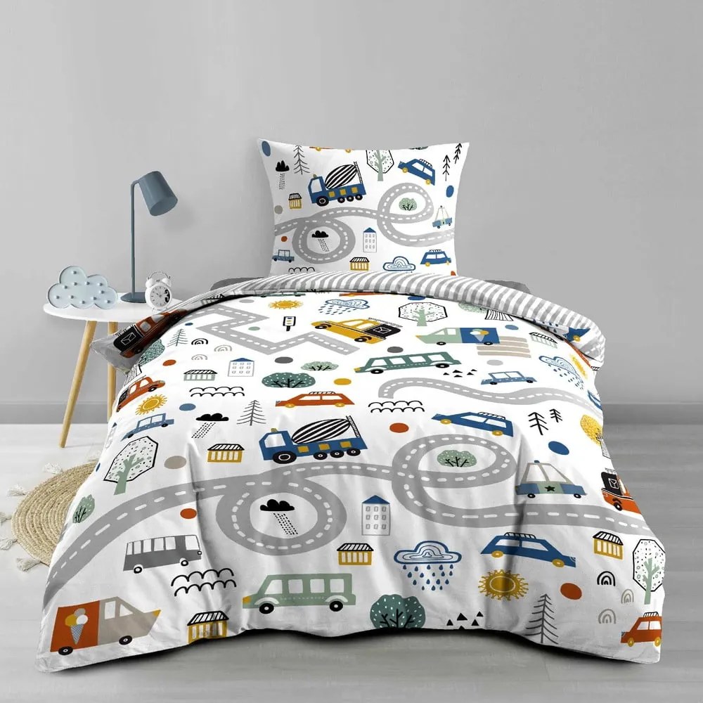 Set copripiumino e federa da bambini bianco in cotone per letto singolo 140x200 cm Pti Bolide – douceur d'intérieur