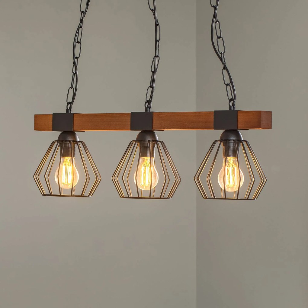 Eko-Light Lampada a sospensione Ulf con travi in legno, 3 luci
