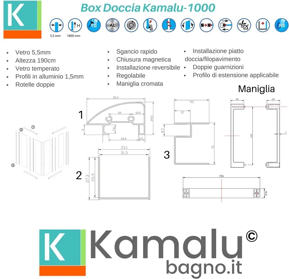 Box doccia angolo 80x80 scorrevole altezza 190 Kamalu-1000 - KAMALU