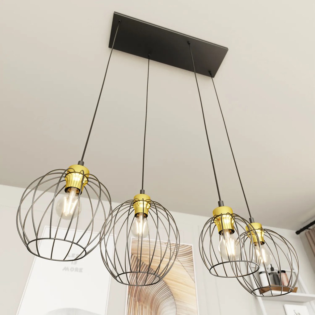 Sospensione Minimal Industrial Hathor 4 Luci Lineari Nera E Oro