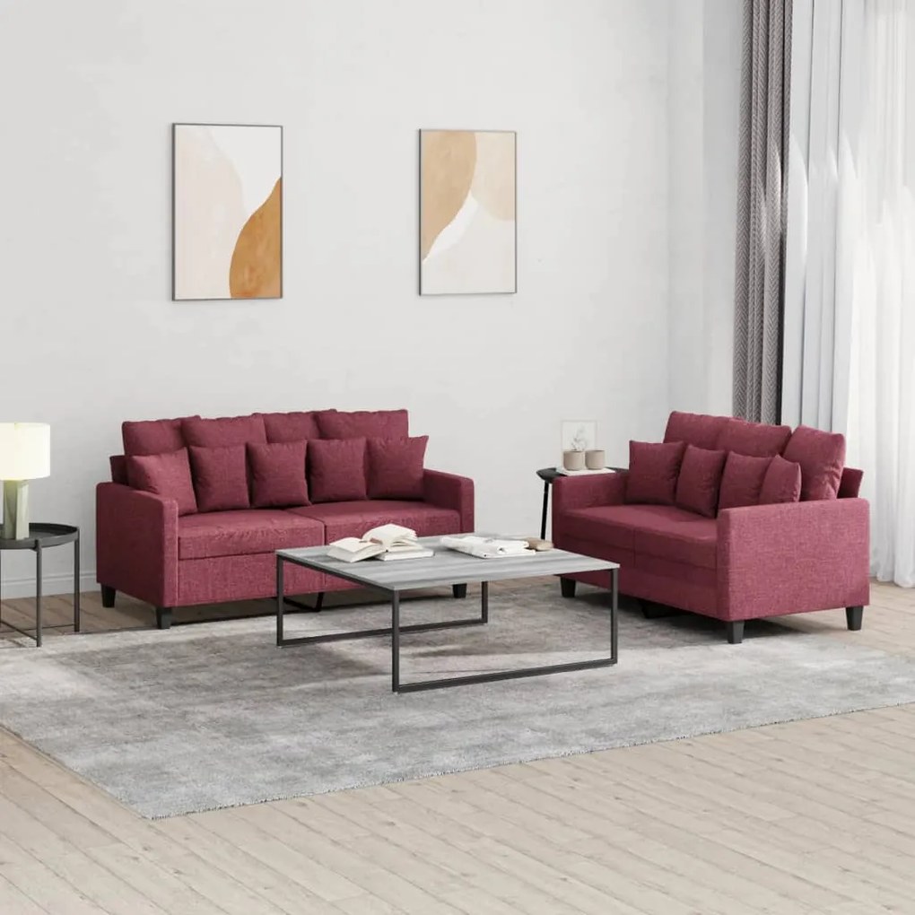 Set Di Divani 2 Pz Con Cuscini Rosso Vino İn Tessuto /