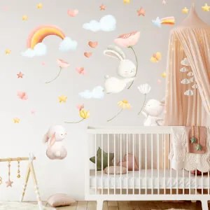 Adesivo murale - Conigli con fiori e arcobaleno | Inspio
