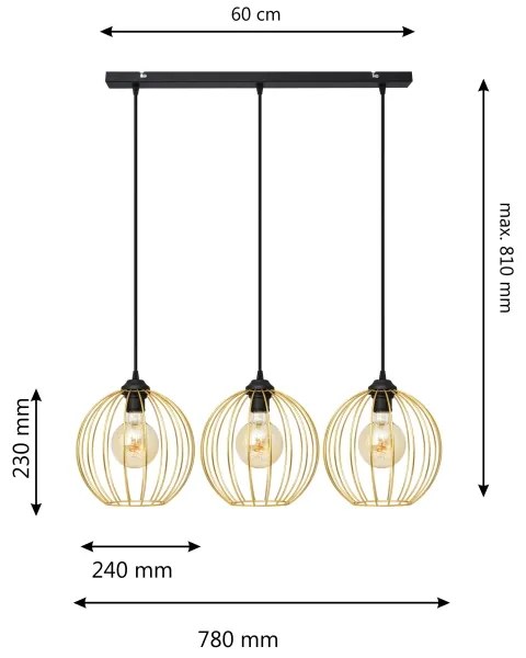 Lampadario a sospensione con filo MERCURE 3xE27/15W/230V oro/nero