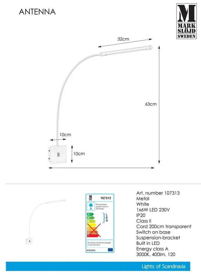Lampada da parete bianca 1L Antenna - Markslöjd