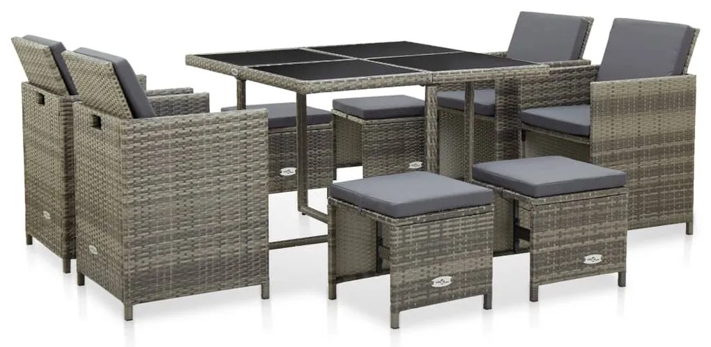 Set da pranzo da giardino 9 pz con cuscini in polyrattan grigio