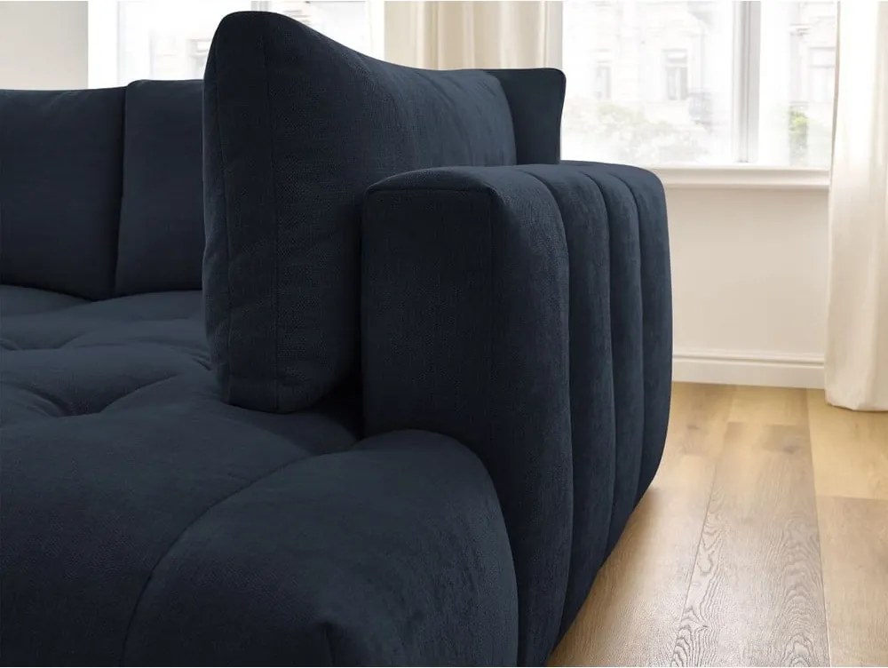 Divano angolare blu scuro allungabile e con contenitore (penisola a destra/a L) con rivestimento in ciniglia Fuji – Bobochic Paris