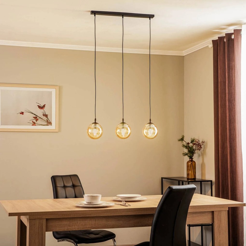 EMIBIG LIGHTING Lampada a sospensione Glassy, a 3 luci, dritta, nera, ambra, vetro