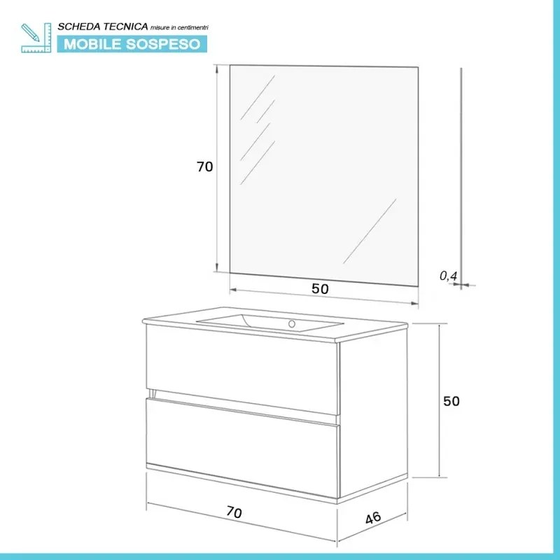 Mobile bagno sospeso 70 rovere naturale completo con 2 cassetti Nadia