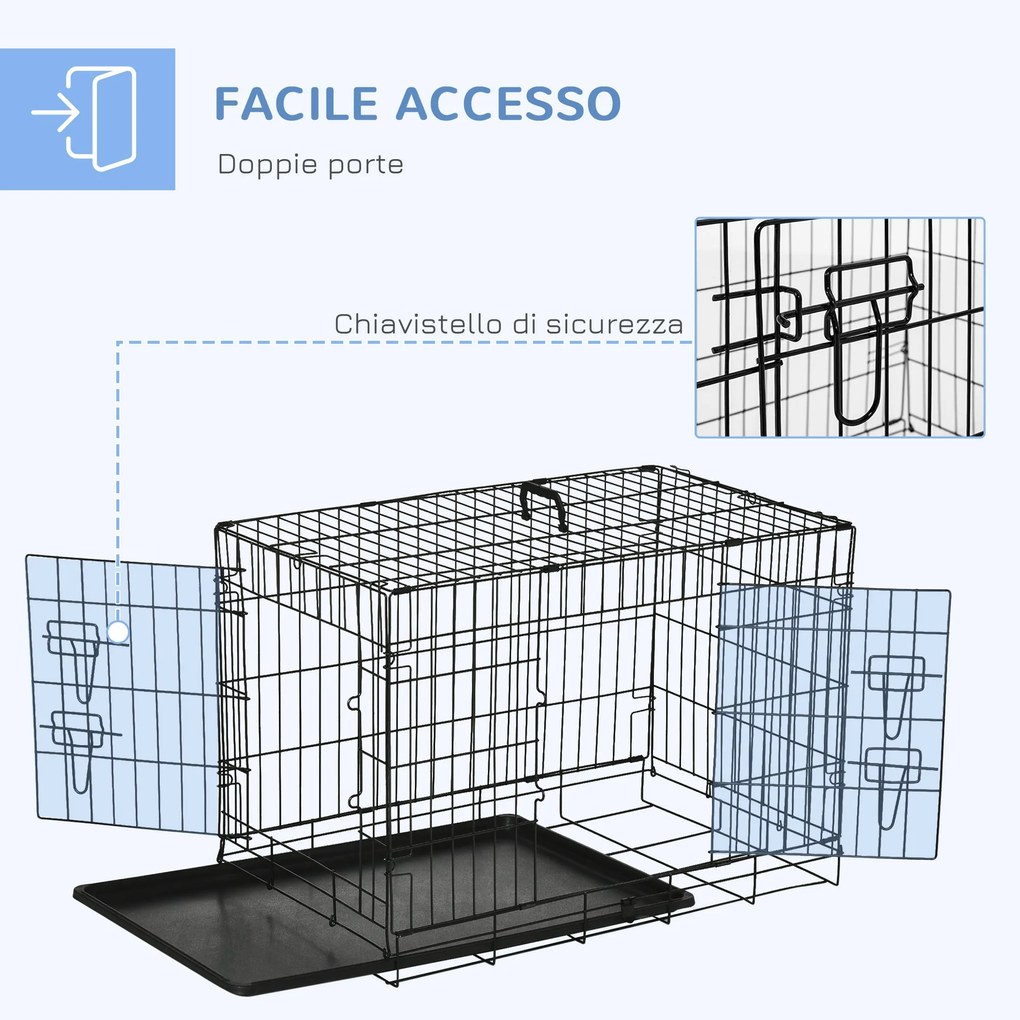 Gabbia Trasportino per Cani Gatti Pieghevole in Acciaio Doppia Apertura 76x53x57 cm Nero...