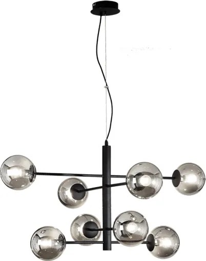 Lampada a sospensione ELISEO 97 cm a 8 Luci in metallo Nero e vetro soffiato Fumč