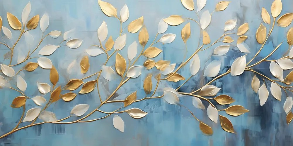 Quadro su tela – Foglie oro-bianche su sfondo blu