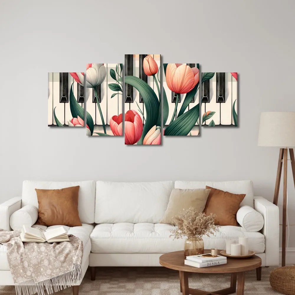 Quadri 5 pezzi – Note floreali di primavera sui tasti del pianoforte