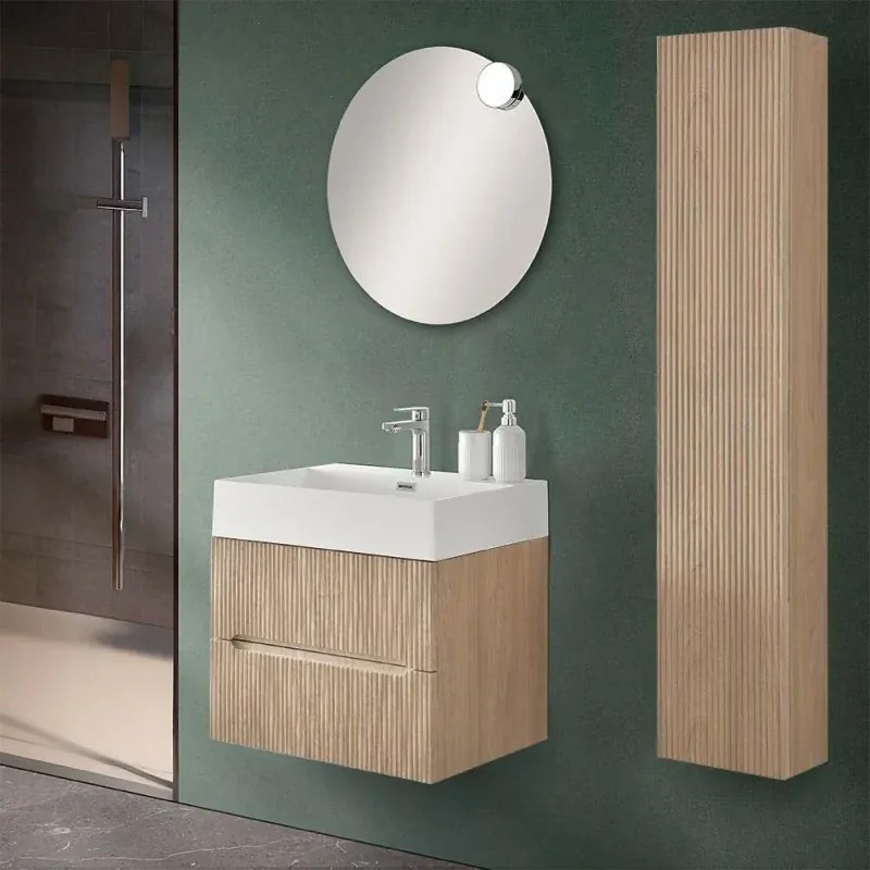 Mobile bagno sospeso cannettato 60 cm rovere chiaro con specchio Bali