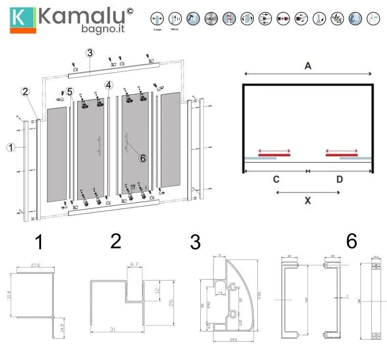 Kamalu - nicchia doccia 160cm doppio scorrevole altezza 180cm | kam-knf6000