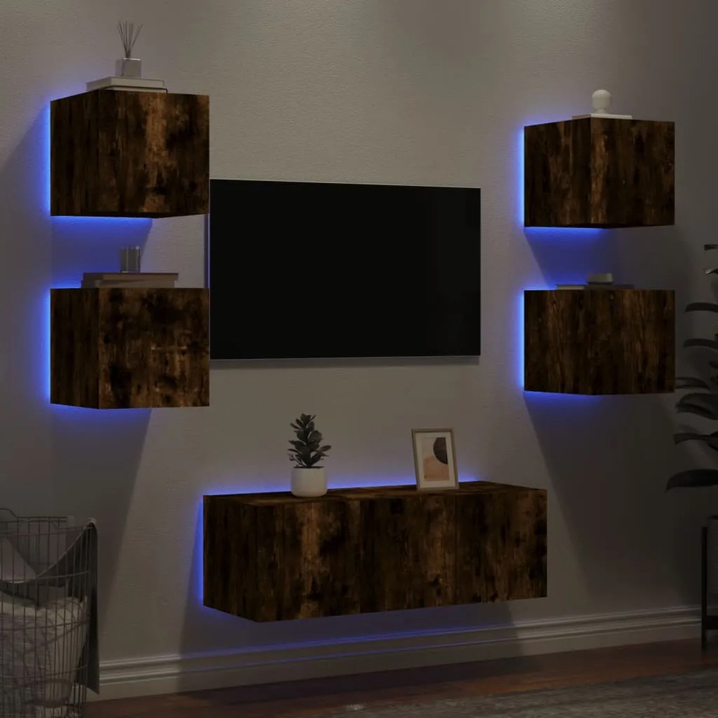 Mobili tv a muro con led 6pz rovere fumo in legno multistrato