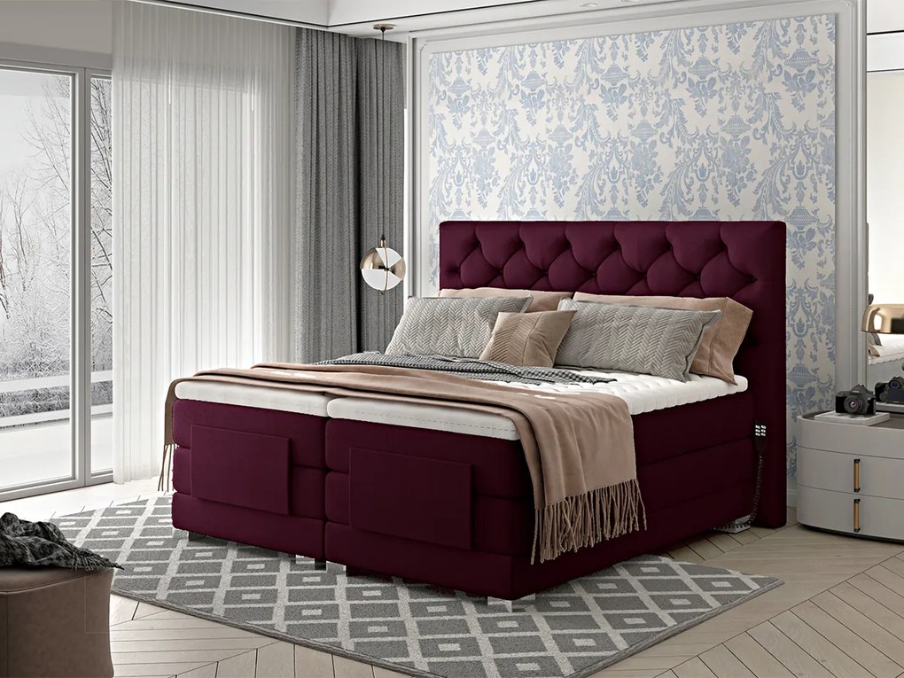 Letto motorizzato matrimoniale boxspring Manhattan - 180 x 200 cm , Tessuto amaranto