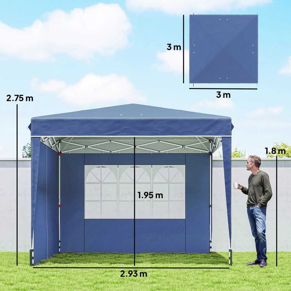 Gazebo Pieghevole 3x3 m con Pareti e Altezza Regolabile Protezione UV 50+ Blu Scuro...