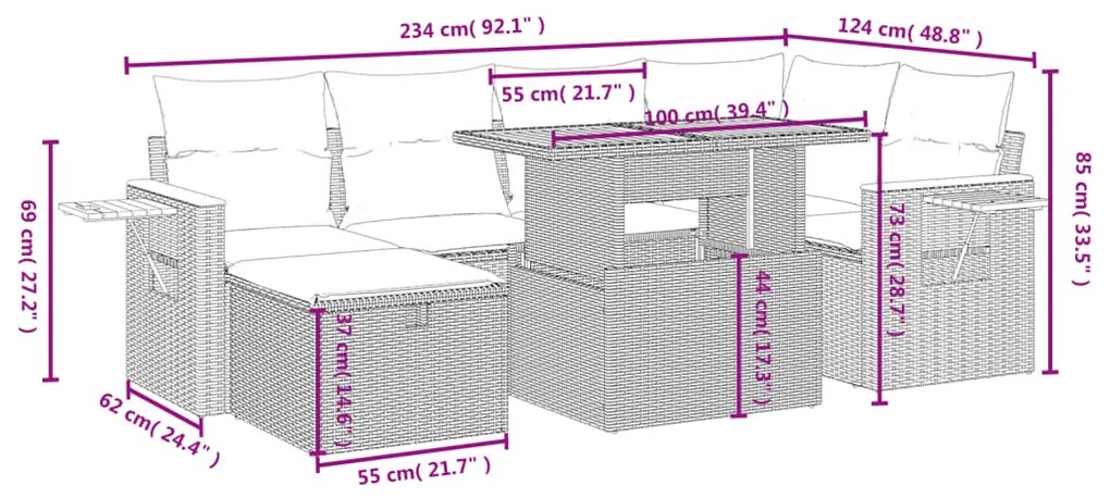 Set divani da giardino con cuscini 7pz nero polyrattan