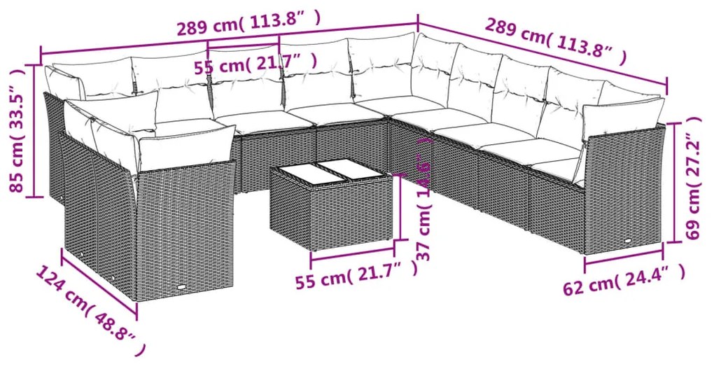 Set divani da giardino 12 pz con cuscini beige in polyrattan