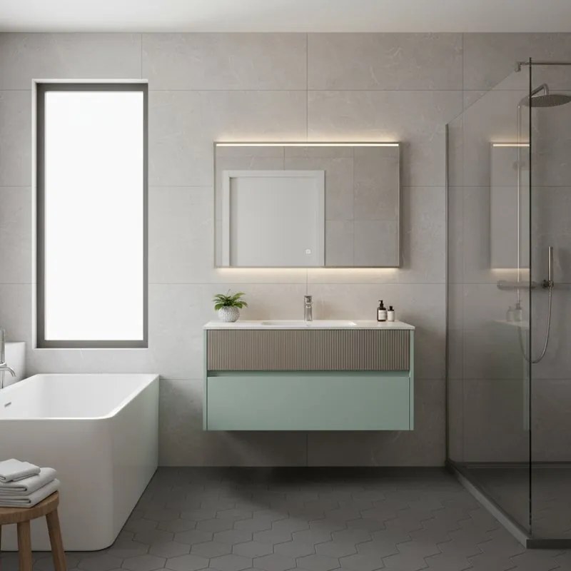 Mobile da bagno sospeso sotto lavabo Niwa 2 cassetti L 89.5 x H 50 x P 45.5 cm verde e grigio cannettato
