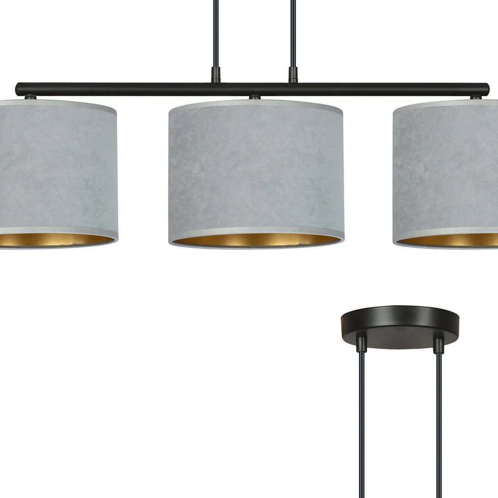 Lampadario 3 Luci Ganesha In Acciaio Nero E Paralumi In Tessuto Grigio