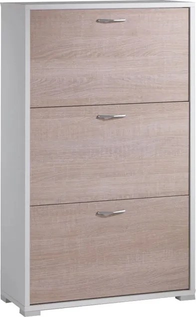 Scarpiera TERRANEO doppia profondità 3 ante apertura a ribalta, L 67 x H 112 x P 28 cm 18 paia, bianco e rovere